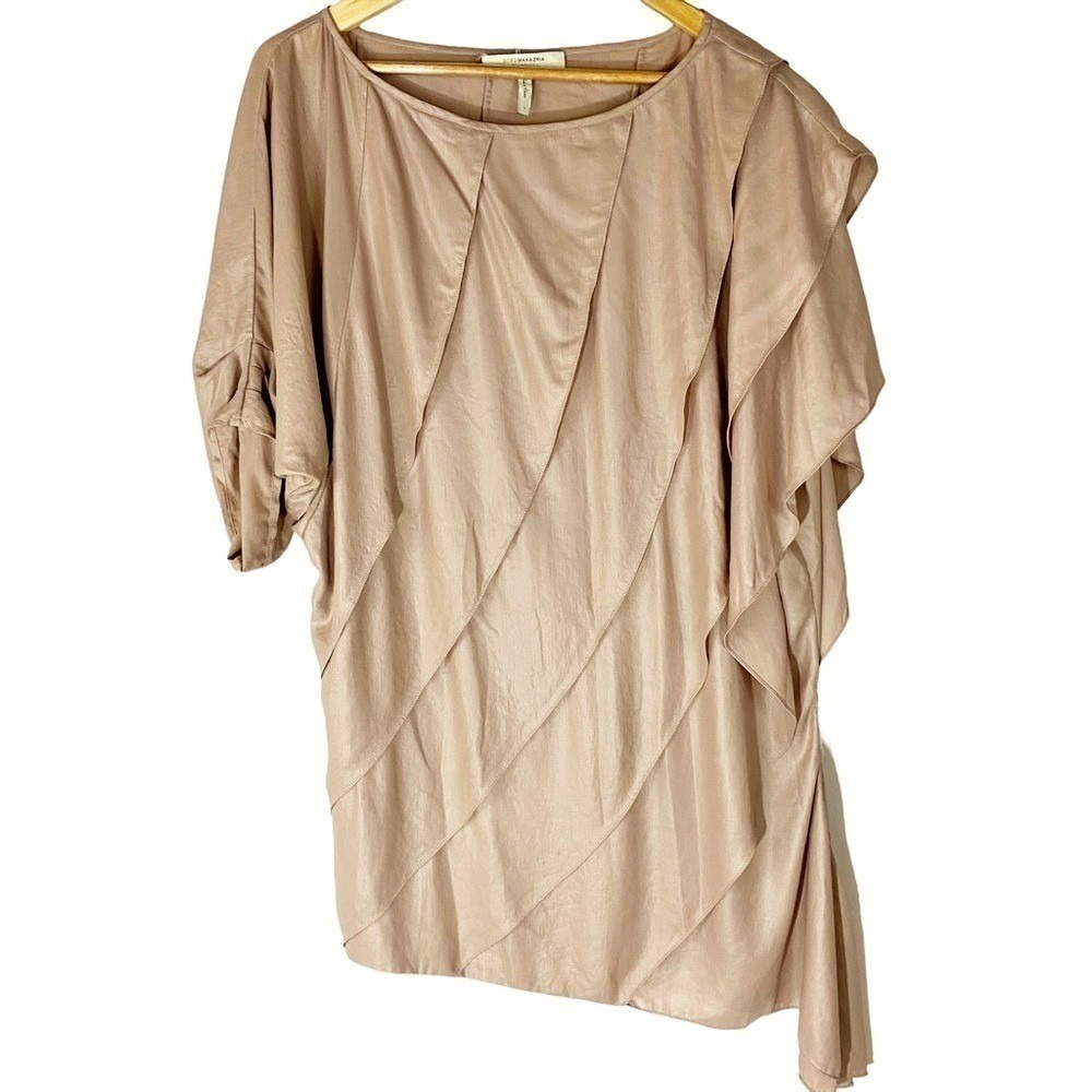BCBGMAXAZRIA Runway Champagne‎ Asymmetrical Tiered Draped Blouse S Quiet Luxury